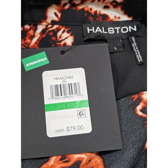 Halston‎ Women's Black Printed Button Up Blouse Roll Tab Sleeve Size L NWT - Picture 6 of 13